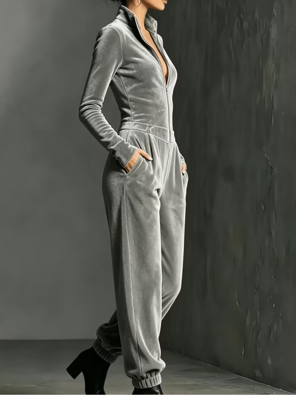 Women'S Elegant Jumpsuit, Stand Collar, Half Zipper, Slim Fit, Tapered Leg Casua
